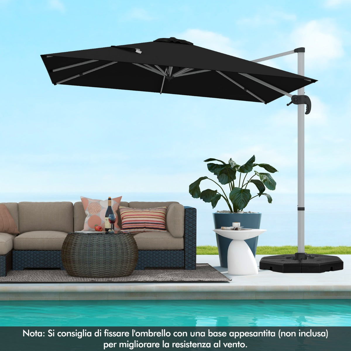 Ombrellone quadrato con base incrociata con palo in alluminio, Ombrellone con inclinazione regolabile Nero-Ombrelloni