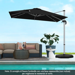Ombrellone quadrato con base incrociata con palo in alluminio, Ombrellone con inclinazione regolabile Nero-Ombrelloni