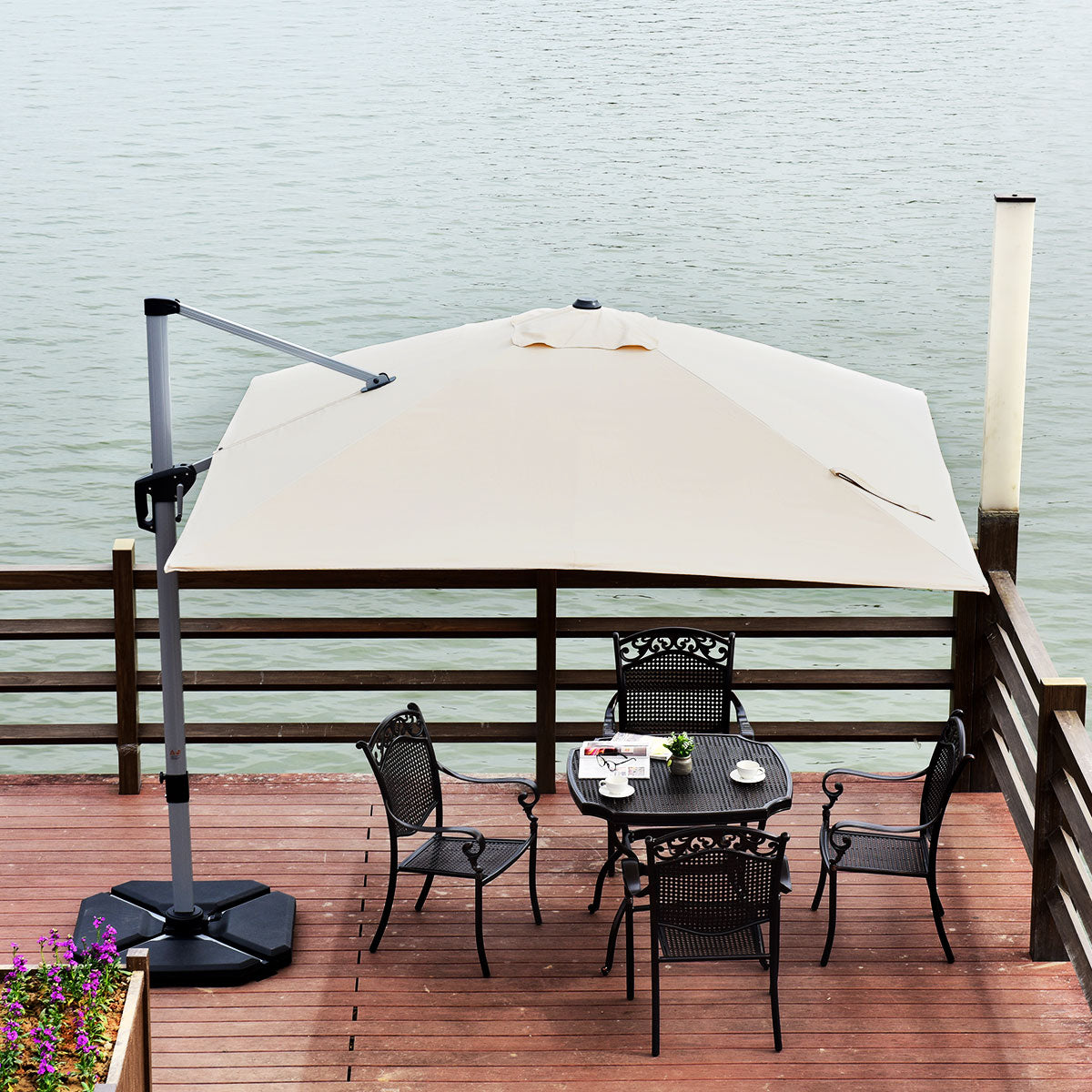 Ombrellone quadrato con base incrociata con palo in alluminio, Ombrellone con inclinazione regolabile Beige-Ombrelloni