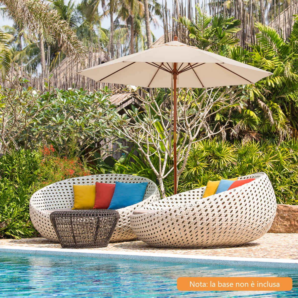 Ombrellone rotondo a carrucola in legno con meccanismo a carrucola, Ombrellone da mercato per cortile Beige-Ombrelloni