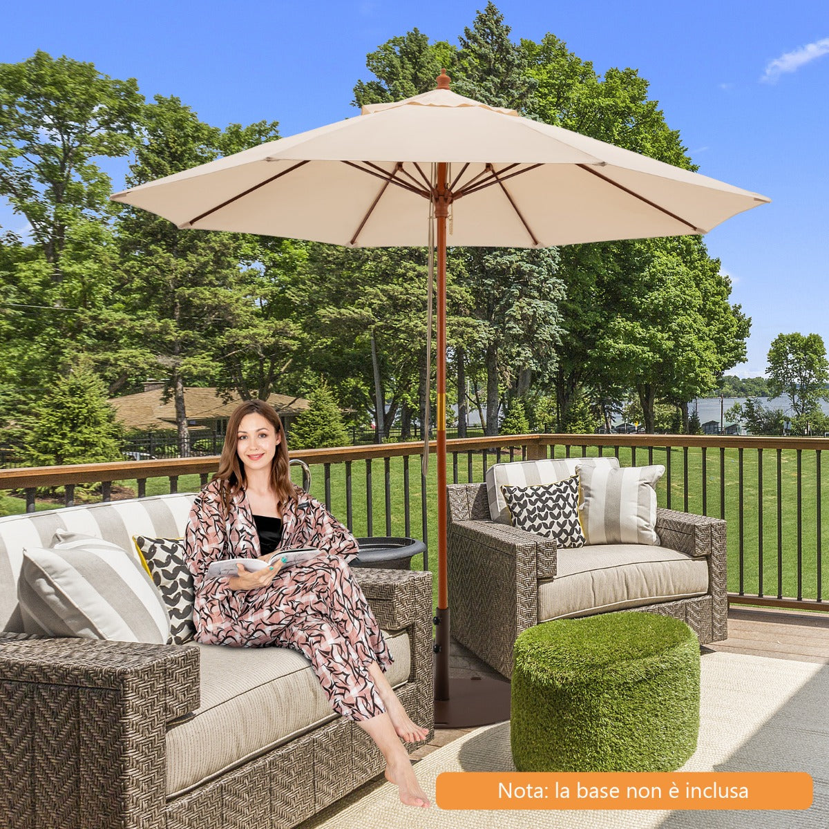 Ombrellone rotondo a carrucola in legno con meccanismo a carrucola, Ombrellone da mercato per cortile Beige-Ombrelloni