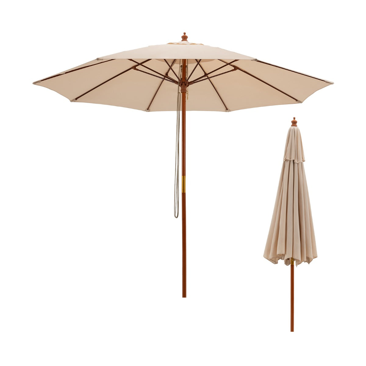 Ombrellone rotondo a carrucola in legno con meccanismo a carrucola, Ombrellone da mercato per cortile Beige-Ombrelloni