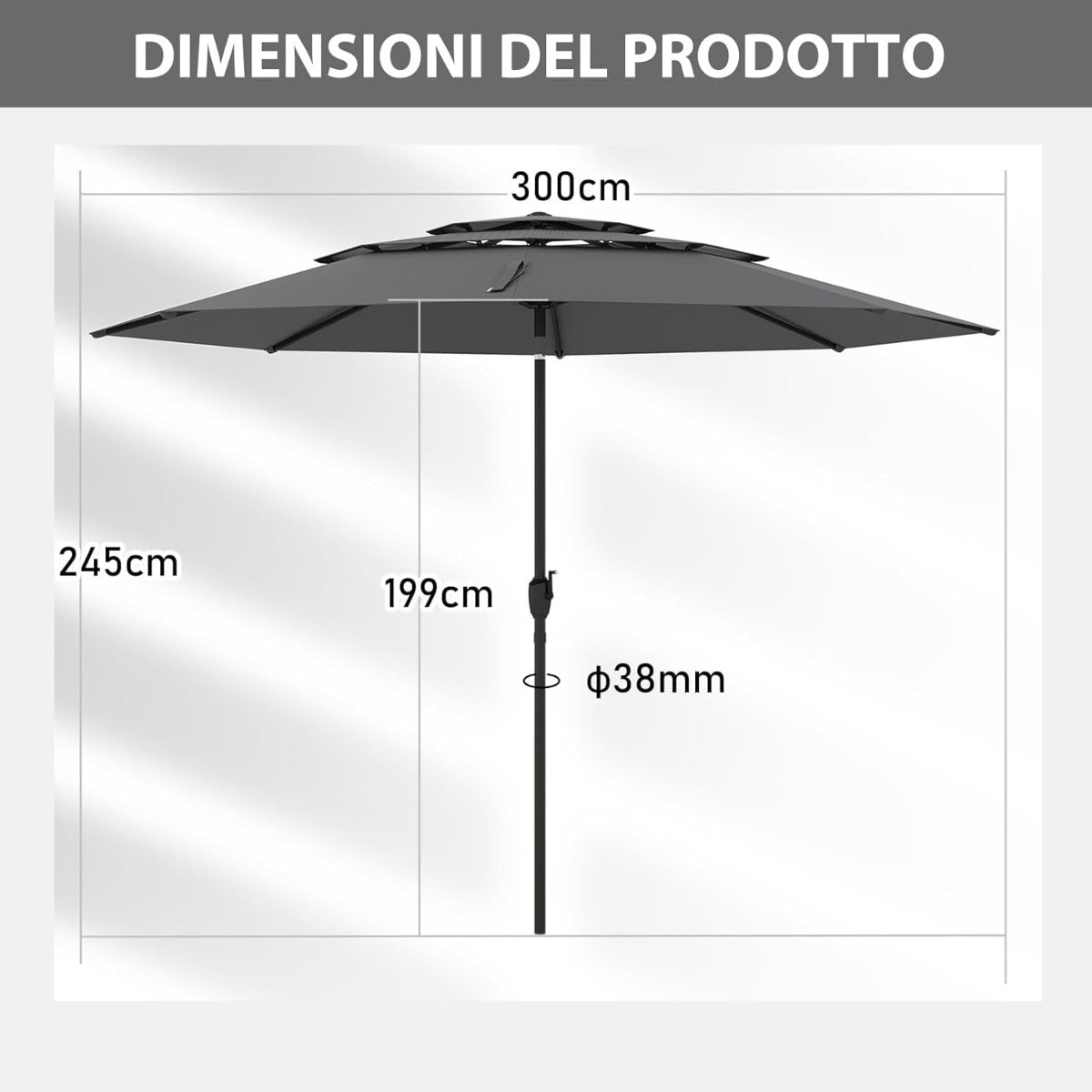 Ombrellone da esterno con doppia ventilazione telaio in alluminio, Ombrellone ad inclinazione automatica Grigio-Ombrelloni