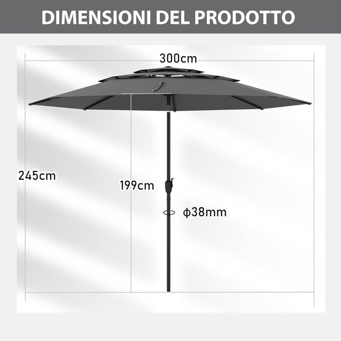 Ombrellone da esterno con doppia ventilazione telaio in alluminio, Ombrellone ad inclinazione automatica Grigio-Ombrelloni