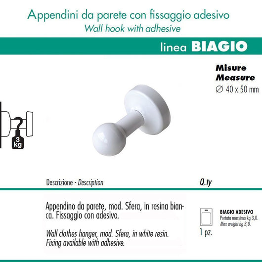Pika' 1 appendino da parete sfera fissaggio con adesivo colore bianco