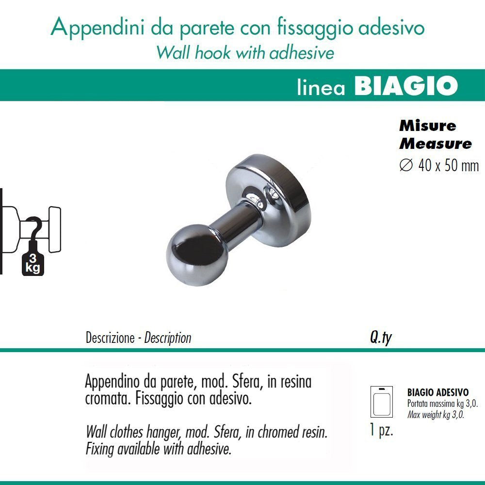 Pika' 1 appendino da parete sfera fissaggio con adesivo colore cromato