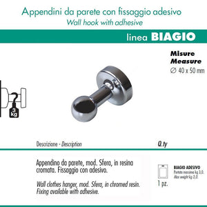 Pika' 1 appendino da parete sfera fissaggio con adesivo colore cromato