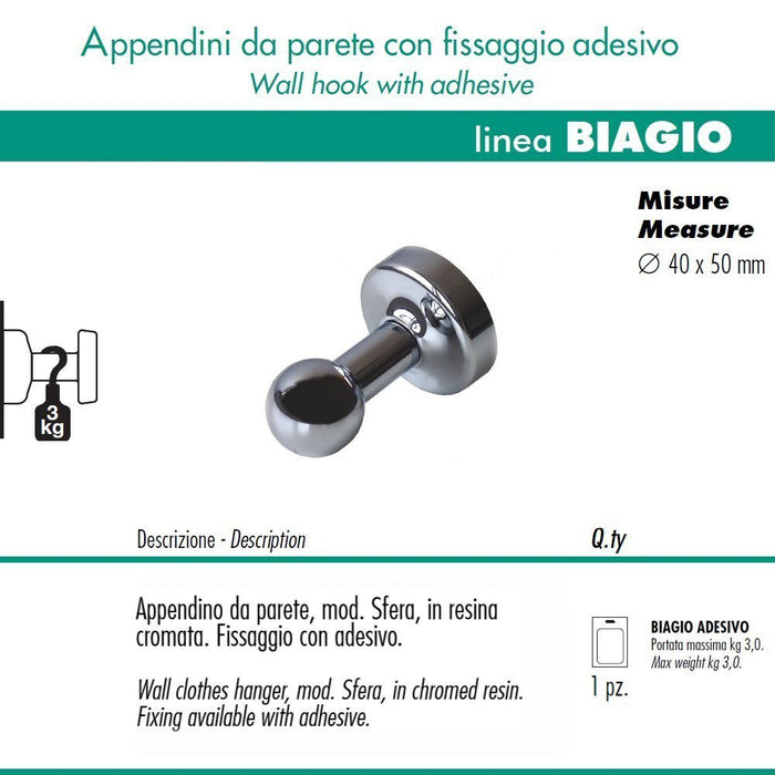 Pika' 1 appendino da parete sfera fissaggio con adesivo colore cromato