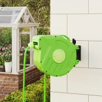 Outsunny Avvolgitubo da Giardino Retrattile con Tubo dell'Acqua 15 m, Rullo Avvolgitubo da Parete Girevole a 180°, Avvolgitubo Automatico Tubo da Giardino per Irrigazione in plastica, Verde