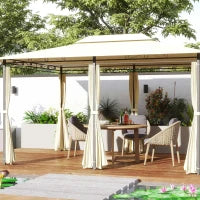 Gazebo da Giardino 3x4 m con Tende e Tetto a 2 Livelli Bianco Crema