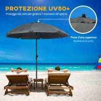 Ombrellone da Spiaggia 1.8x2  m, in Poliestere e Acciaio a 8 Stecche con Reclinazione a 45°, Grigio