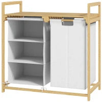 Cesto Portabiancheria con 2 Borse Estraibili, Maniglie e Ripiano in Bambù, 70x36x70 cm, Bianco