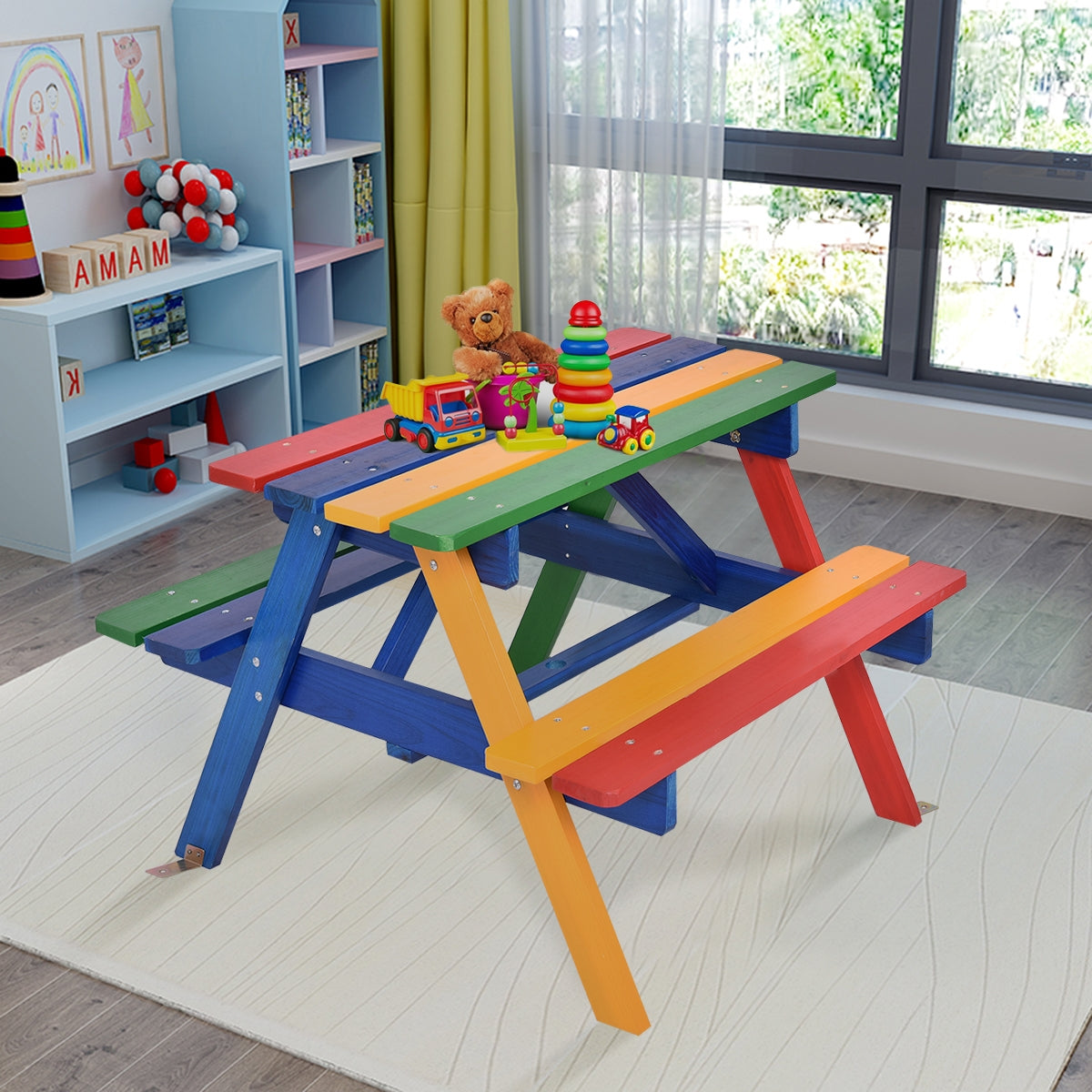 Set con tavolo picnic di legno e ombrellone per bambini, Tavolo e panchina con 4 posti e ombrellone pieghevoli-Tavoli e sedie