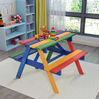 Set con tavolo picnic di legno e ombrellone per bambini, Tavolo e panchina con 4 posti e ombrellone pieghevoli-Tavoli e sedie