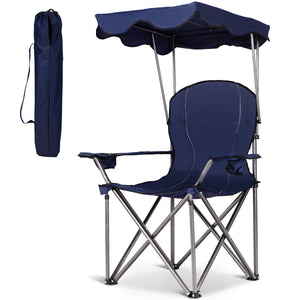 Sedia da campeggio pieghevole con parasole-supporto reclinabile 120kg-Sedia da spiaggia portatile con portabicchieri-blu