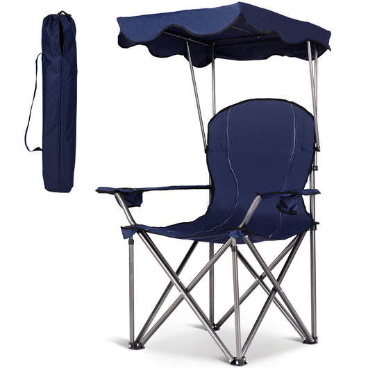 Sedia da campeggio pieghevole con parasole-supporto reclinabile 120kg-Sedia da spiaggia portatile con portabicchieri-blu