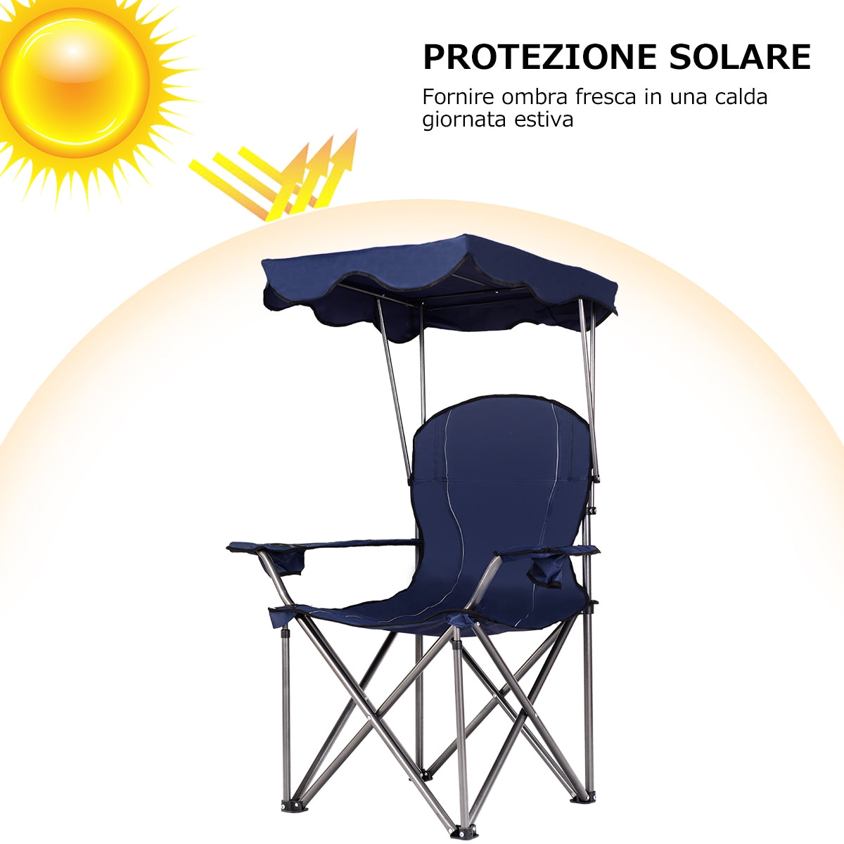 Sedia da campeggio pieghevole con parasole-supporto reclinabile 120kg-Sedia da spiaggia portatile con portabicchieri-blu