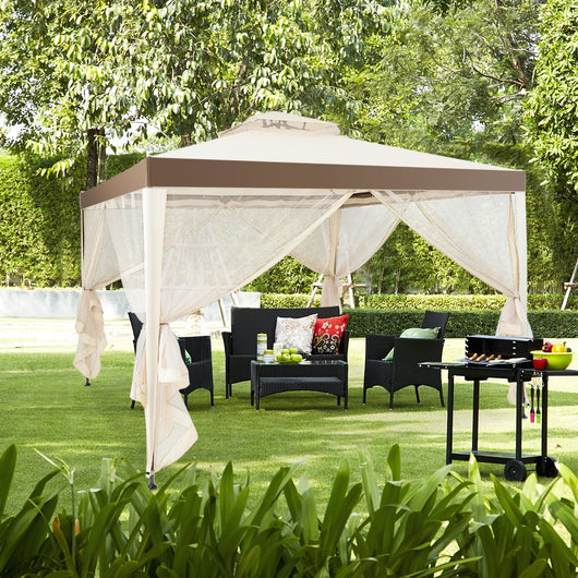 Gazebo a doppio tetto con zanzariera 3x3M da esterno e campeggio Beige-Gazebo