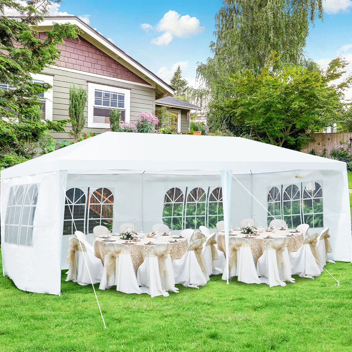 Gazebo con 4 tende laterali rimovibili e 2 porte con cerniera 3x6m, Pergola per barbecue Bianco-Gazebo