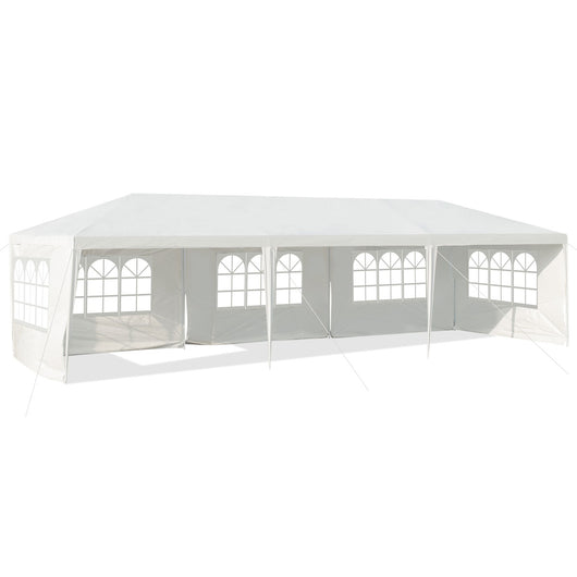 Gazebo impermeabile 3x9m con 5 pannelli laterali rimovibili, Tenda per matrimonio eventi in spiaggia barbecue Bianco-Gazebo
