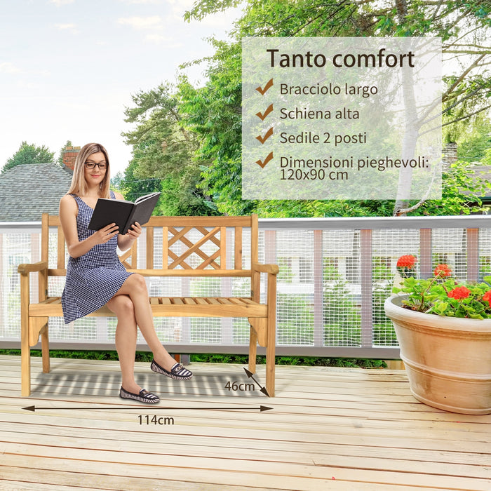 Panchina pieghevole in legno di acacia con schienale curvo e braccioli, Panchina per 2 persone da esterno-Panchine