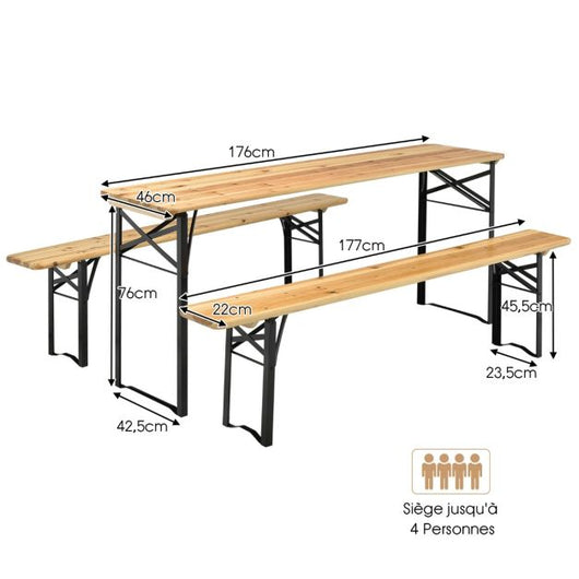 Set tavolo da campeggio pieghevole e 2 panche per 4 persone struttura in acciaio tavolo in legno di abete impermeabile portata 300 kg 20_0005303