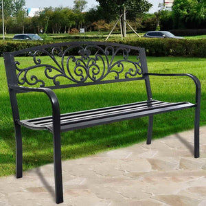 Panca elegante da giardino con schienale per esterno, Panchina in ghisa con braccioli 126x60x85cm Nero-Panchine
