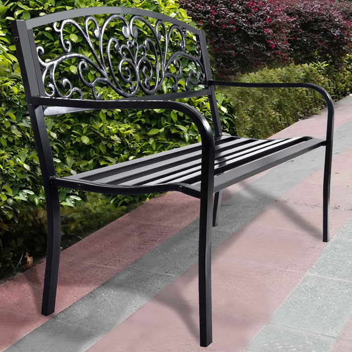 Panca elegante da giardino con schienale per esterno, Panchina in ghisa con braccioli 126x60x85cm Nero-Panchine
