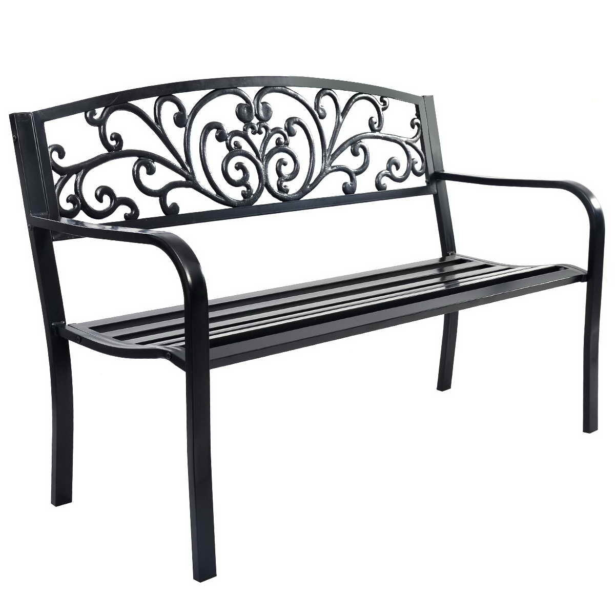 Panca elegante da giardino con schienale per esterno, Panchina in ghisa con braccioli 126x60x85cm Nero-Panchine
