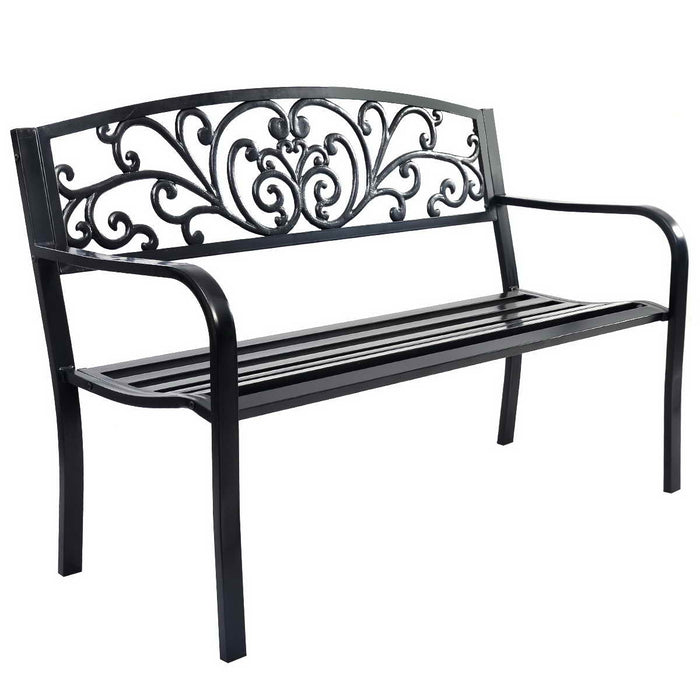 Panca elegante da giardino con schienale per esterno, Panchina in ghisa con braccioli 126x60x85cm Nero-Panchine