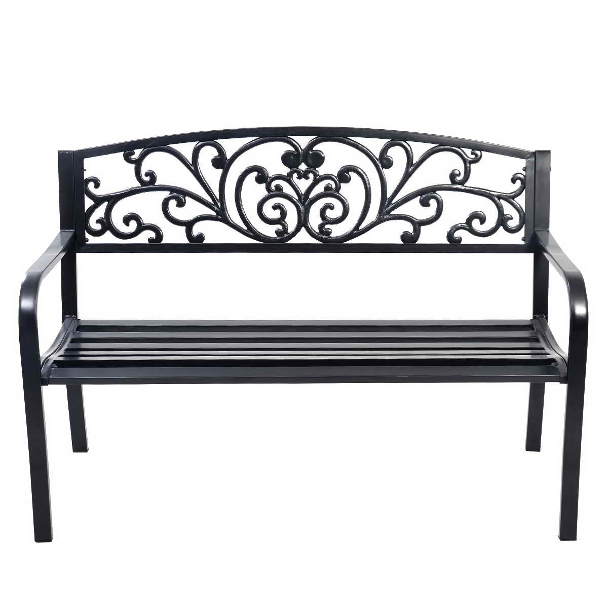 Panca elegante da giardino con schienale per esterno, Panchina in ghisa con braccioli 126x60x85cm Nero-Panchine