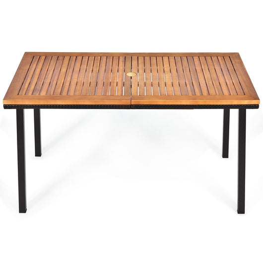 Tavolo da giardino da esterno in legno di acacia con foro ombrellone rettangolare struttura in acciaio per 6-8 persone 140 x 75 x 76 cm marrone 20_0009424