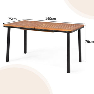 Tavolo da giardino da esterno in legno di acacia con foro ombrellone rettangolare struttura in acciaio per 6-8 persone 140 x 75 x 76 cm marrone 20_0009424