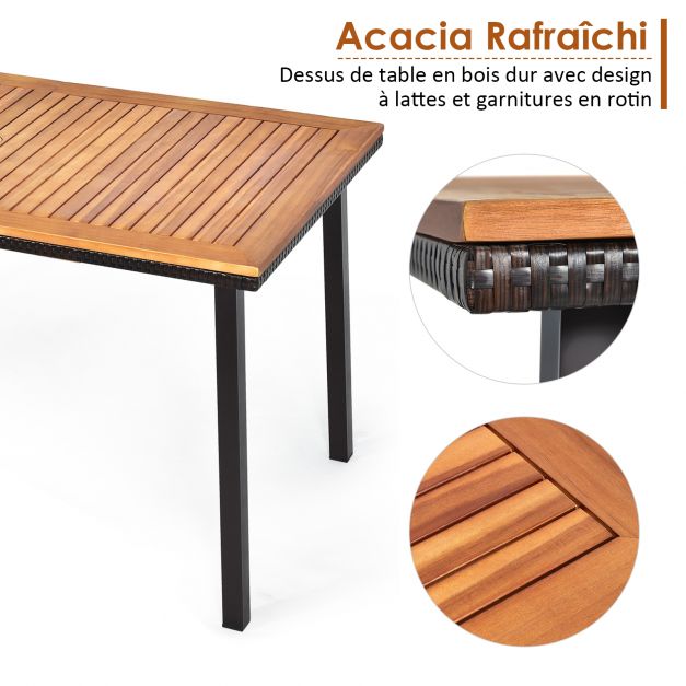 Tavolo da giardino da esterno in legno di acacia con foro ombrellone rettangolare struttura in acciaio per 6-8 persone 140 x 75 x 76 cm marrone 20_0009424