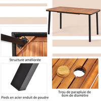 Tavolo da giardino da esterno in legno di acacia con foro ombrellone rettangolare struttura in acciaio per 6-8 persone 140 x 75 x 76 cm marrone 20_0009424