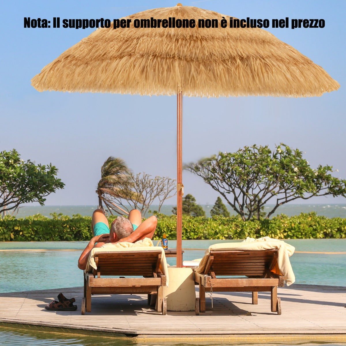 Ombrellone da spiaggia 200cm con ancora inclinata, Ombrellone portatile per spiaggia cortile e piscina Naturale-Ombrelloni