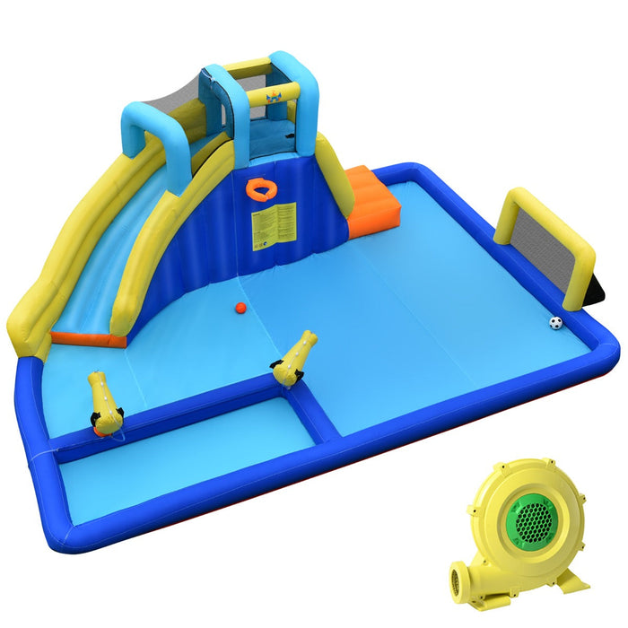 Castello gonfiabile 6 in 1 con scivolo per spruzzi d'acqua rampicante Grande piscina Telaio per calcio/basket con ventilatore 20_0005703