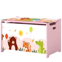 Baule Portagiochi per Bambini con Cerniere di Sicurezza in Legno con Disegni di Animali, 60x37x39 cm, Rosa