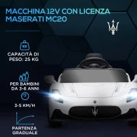 Macchina per Bambini Maserati MC20, Guida Manuale, Telecomando e Fari LED, Età 3-6 Anni, Bianco