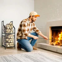 Portalegna a 2 Livelli in Metallo con Base Rialzata, 34x30x80 cm, Nero