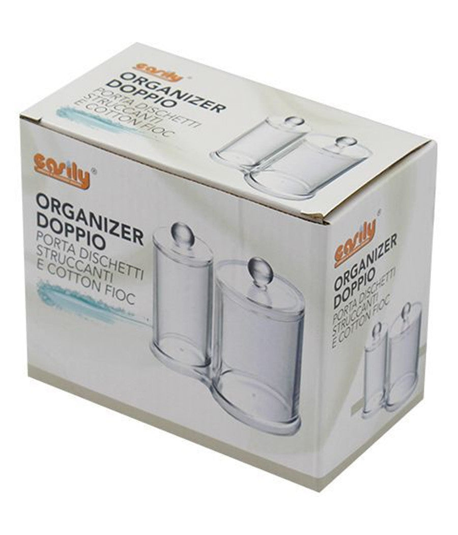 Organizer Doppio Comparto Porta Dischetti Struccanti Cotton Fioc Cosmetici Espositore         