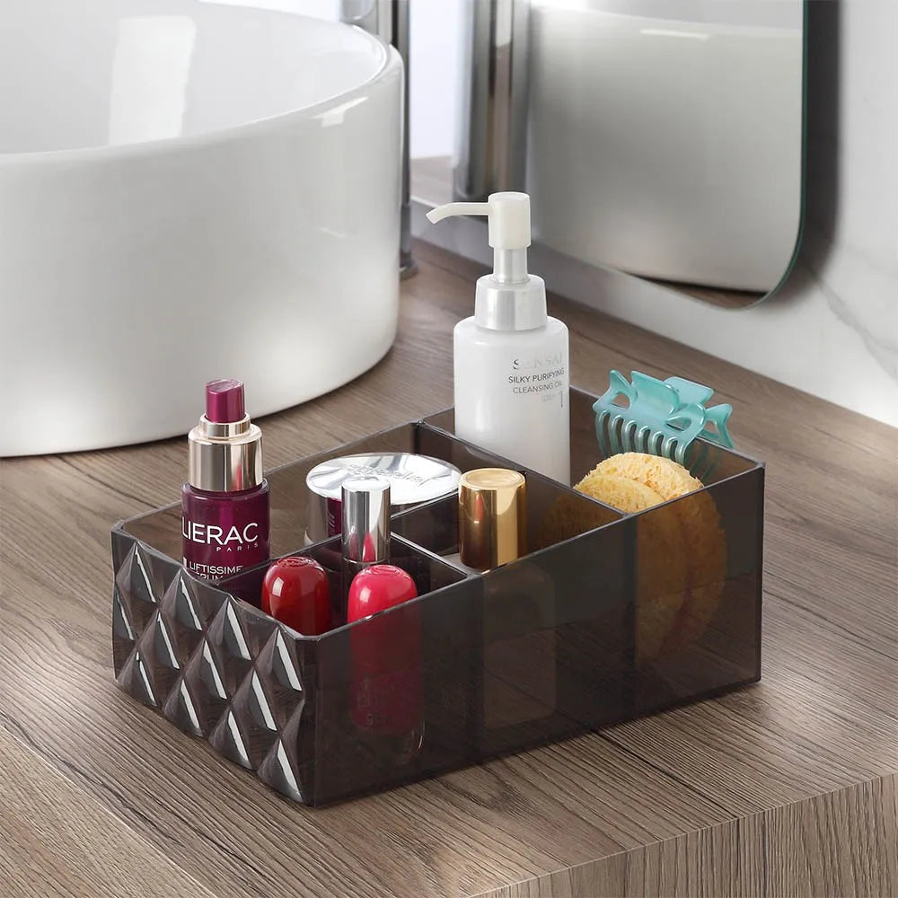 Organizer porta trucchi e cosmetici in plastica nero fumè con 4 scomparti