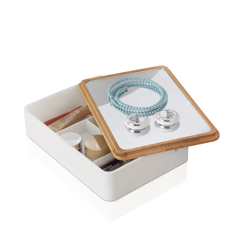 Organizer trucchi in plastica bianca completo di specchio con dettagli in bambù