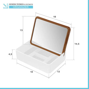 Organizer trucchi in plastica bianca completo di specchio con dettagli in bambù