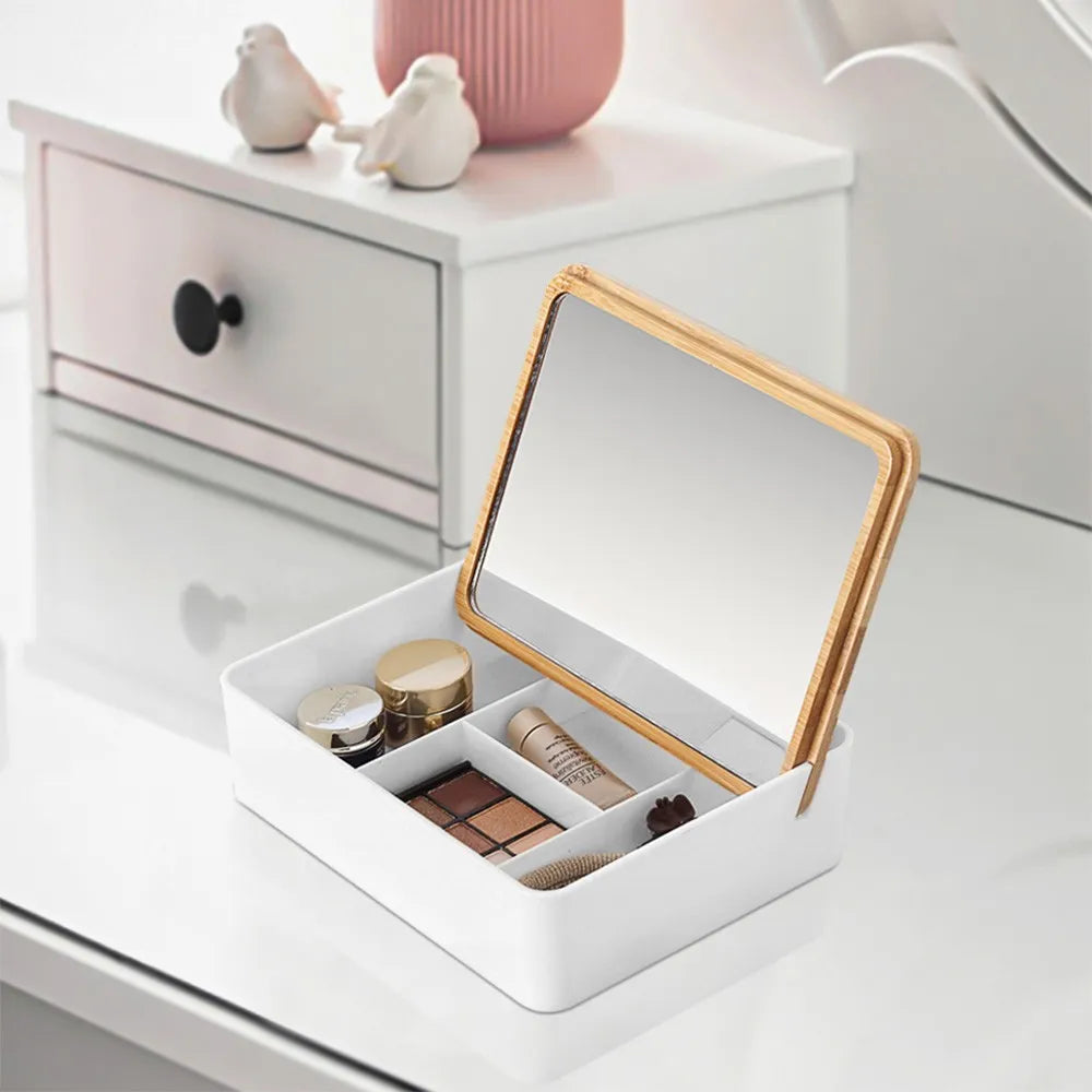 Organizer trucchi in plastica bianca completo di specchio con dettagli in bambù