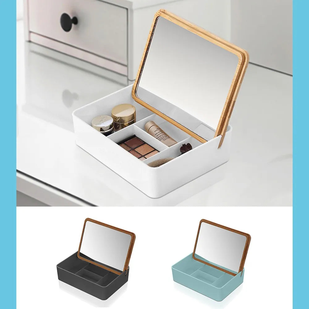 Organizer trucchi in plastica bianca completo di specchio con dettagli in bambù