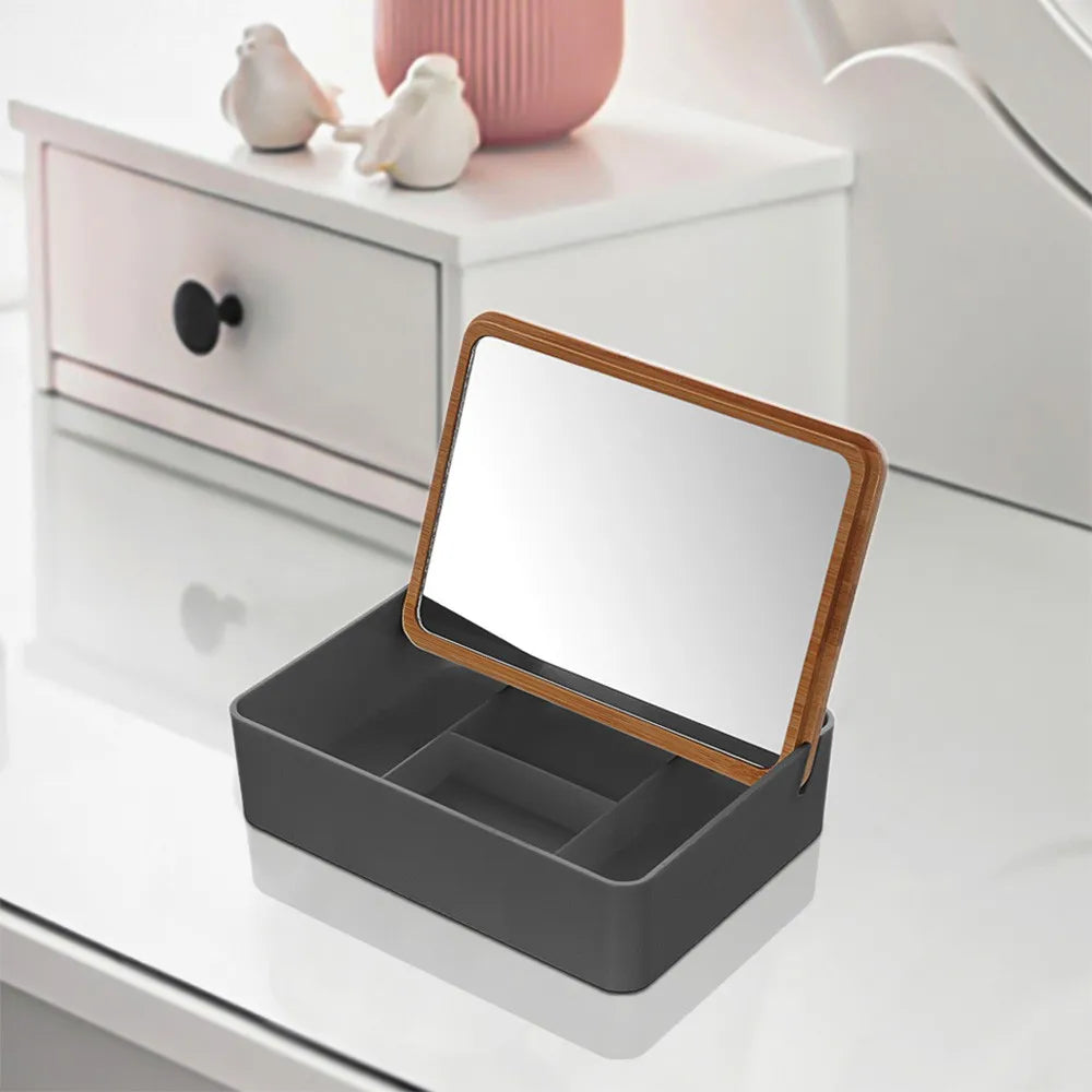 Organizer trucchi in plastica grigia completo di specchio con dettagli in bambù