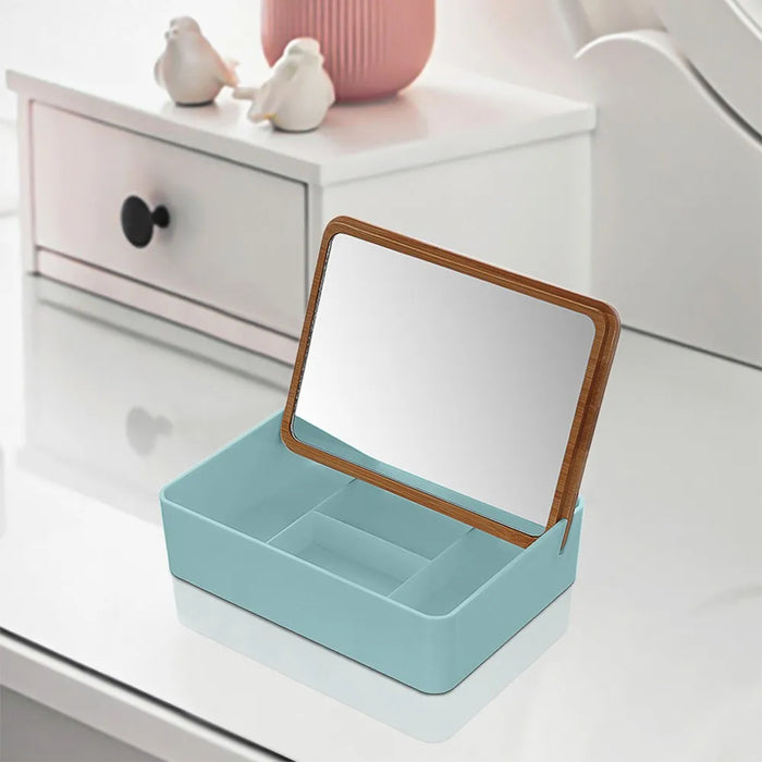 Organizer trucchi in plastica turchese completo di specchio con dettagli in bambù