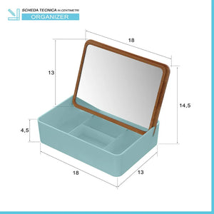Organizer trucchi in plastica turchese completo di specchio con dettagli in bambù