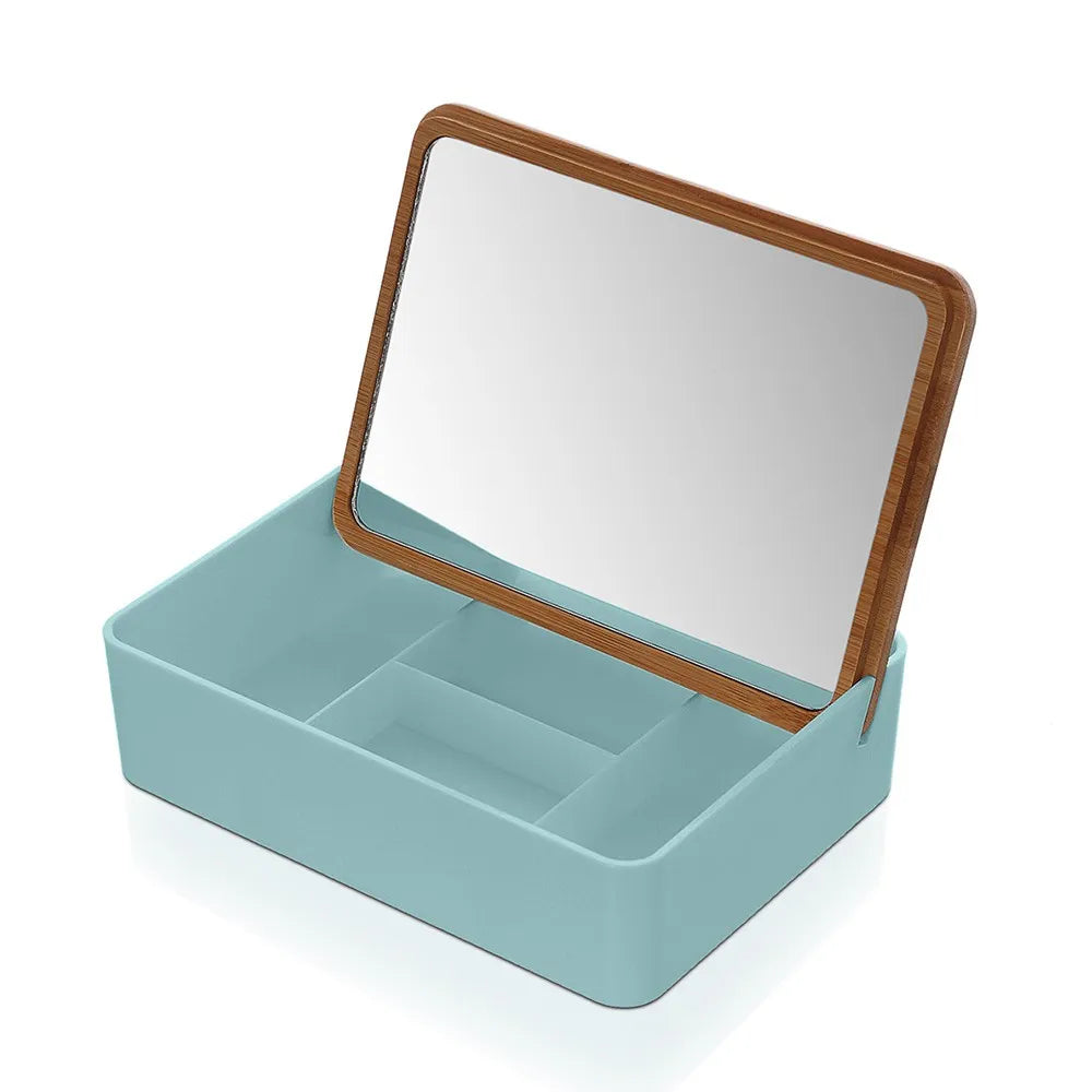 Organizer trucchi in plastica turchese completo di specchio con dettagli in bambù